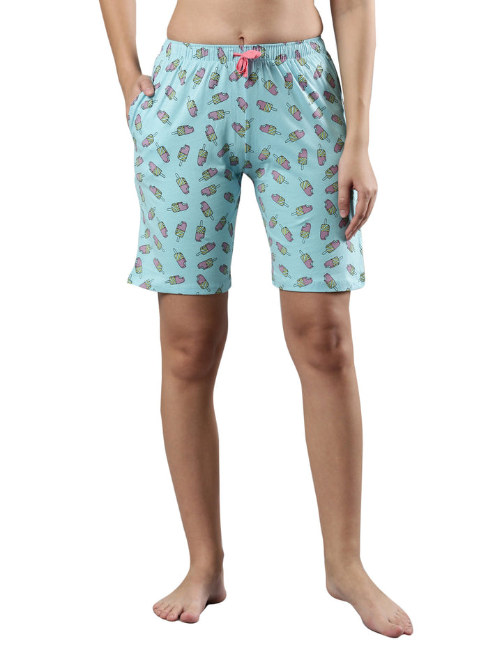 Women's Relax Fit Bermuda | Breathable Cotton, Drawstring Waistband, Geometric Prints Sky
