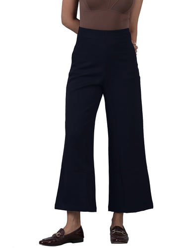 Femmora Women’s High-Rise Flare Trousers with Invisible Belt & Side Zipper | Stretch Formal Bottoms in Polyester Blend | Lightweight Workwear Pants |Navy |Pack of 1