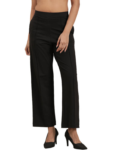 Femmora Women’s High-Rise Relaxed Fit knitted Pants with Pintuck Detail | Full-Length Cotton  Straight Trousers | Solid Stretchable Office & Casual Bottoms | Soft Breathable Fabric | Black |Pack of 1
