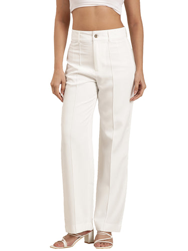 Femmora Women’s High-Rise Straight Fit Trousers with Front Pintuck Detail,Lightweight Workwear Bottoms | White|Pack of 1