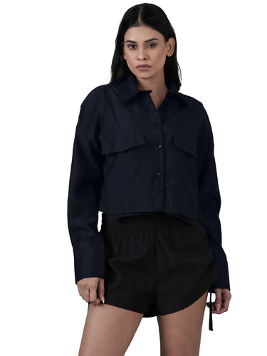 Femmora Women’s Solid Crop Shirt in Soft Viscose-Polyester Blend | Full Sleeve with 2 Flap Pocket Shirt with Turn-Down Collar | Stylish Casual & Office Wear | Navy|Pack of 1