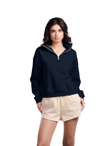 Femmora Premium 100% Cotton Fleece Long Sleeve Solid Henley Sweatshirt for Women | Knitted Pullover | Loose Fit | Front Zip | Dropped Shoulder – Casual Winter Wear- Navy ( Pack of 1 )