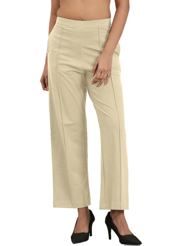 Femmora Women’s High-Rise Relaxed Fit knitted Pants with Pintuck Detail|Full-Length Cotton  Straight Trousers|Solid Stretchable Office & Casual Bottoms|Soft Breathable Fabric|Off.White|Pack of 1
