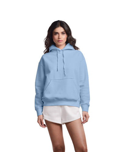 Femmora Premium 100% Cotton Fleece Long Sleeve Oversized Hoodie for Women | Loose Fit Knitted Pullover with Kangaroo Pocket | Dropped Shoulder – Pastel Blue (Pack of 1)