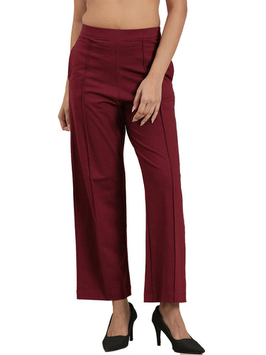 Femmora Women’s High-Rise Relaxed Fit knitted Pants with Pintuck Detail | Full-Length Cotton  Straight Trousers | Solid Stretchable Office & Casual Bottoms | Soft Breathable Fabric | Red |Pack of 1