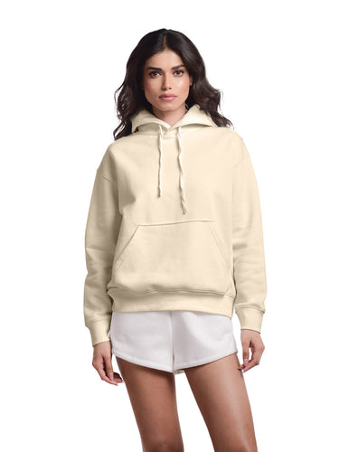 Femmora Premium 100% Cotton Fleece Long Sleeve Oversized Hoodie for Women | Loose Fit Knitted Pullover with Kangaroo Pocket | Dropped Shoulder – Beige (Pack of 1)