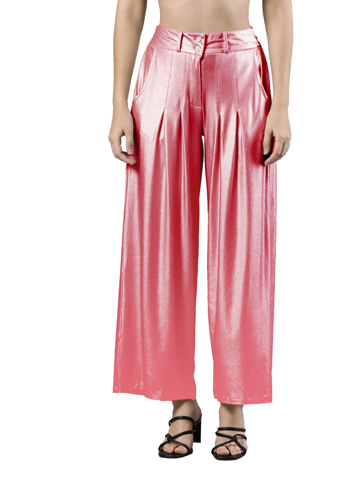 Women's Flared Shimmer Pleated Palazzo, Polyester Fabric with Zip Closure