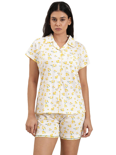 Femmora Women’s Cotton Nightwear Set | 2-Piece Co-Ord with Notched Collar Half Sleeve Shirt & Drawstring Hem Shorts | Soft Breathable Fabric | Comfortable Lounge & Sleepwear |  White/Yellow|Set of 1