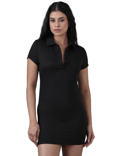 Femmora Women’s Short Bodycon T-Shirt Dress – Slim Fit Polo Collar Dress in Stretch Polyester-Spandex, Half-Button Placket, Short Sleeves, Smart and Casual Wear | Black |Pack of 1