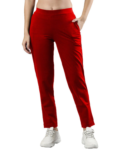 Women's Trouleg, Cotton Fabric with Elastic Waistband and Zip Pockets Maroon