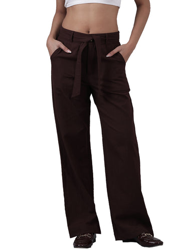 Femmora Women’s High-Waist Cotton Linen Straight Fit Trousers with Elastic Waistband & Button Closure | Formal Office Wear Pants with 2 Slant Pockets | Breathable Workwear Bottoms |Chocolate| Pack of 1