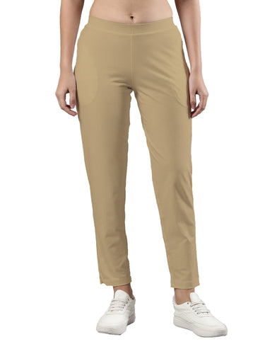 Women's Trouleg, Cotton Fabric with Elastic Waistband and Zip Pockets-beige