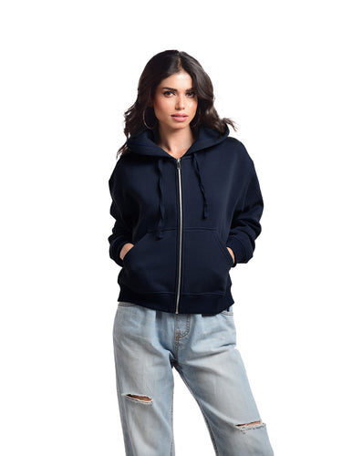Femmora Premium 100% Cotton Fleece Long Sleeve Oversized Zipped Hoodie for Women | Loose Fit| Knitted fabric | Kangaroo Pocket and Dropped Shoulder – Navy (Pack of 1)