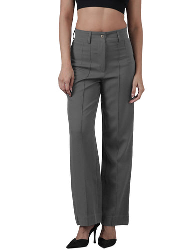 Femmora Women’s High-Rise Straight Fit Trousers with Front Pintuck Detail,Lightweight Workwear Bottoms | Dark Grey|Pack of 1