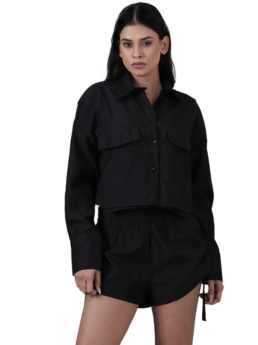 Femmora Women’s Solid Crop Shirt in Soft Viscose-Polyester Blend | Full Sleeve with 2 Flap Pocket Shirt with Turn-Down Collar | Stylish Casual & Office Wear | Black |Pack of 1