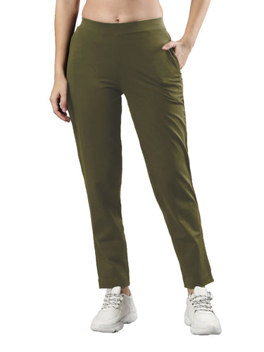 Women's Trouleg, Cotton Fabric with Elastic Waistband and Zip Pockets Olive