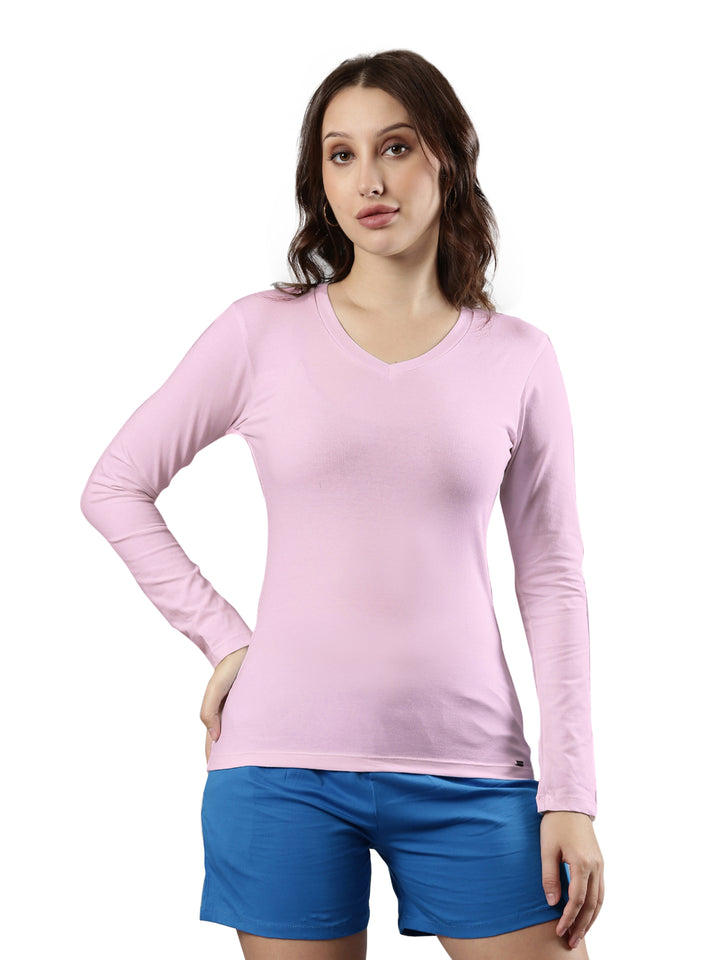 V Neck Full Sleeve T-shirt, Cotton Fabric for Women