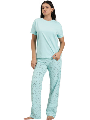 Femmora Women’s Cotton Nightwear Set | 2-Piece Sleepwear with Round Neck Half Sleeve Tshirt & Full-Length  Printed Pyjama | Soft Stretch Cotton Fabric | Comfortable Lounge Outfit | Sky Blue |Set of 1