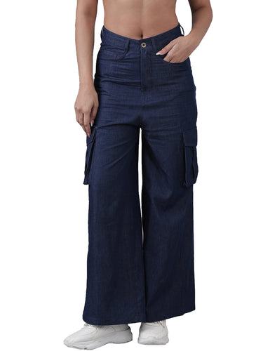 Femmora Women’s High-Rise Wide-Leg Denim Cargo Pants with Multi Pockets | Full-Length Utility Streetwear Bottoms | 100% Cotton Solid Fabric | Casual Fashion Trousers | Blue |Pack of 1 Hover