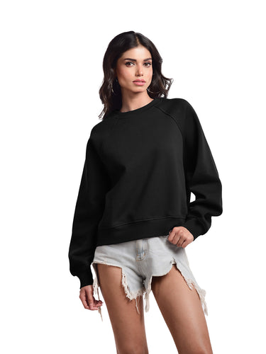 Femmora Premium 100% Cotton Loose Fit Raglan Sleeve Causal Pullover for Women | Knitted Fabric | Solid Sweatshirt | Cozy Winter Wear – Black (Pack of 1)