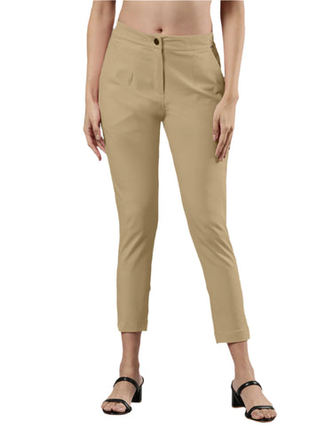 Women's Smart Pants, Cotton Fabric with Zip Button Closure and Pockets Beige