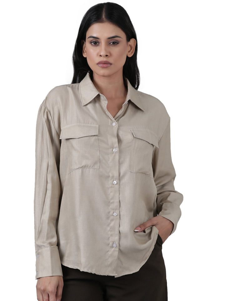 Femmora Women’s  Cargo Shirt in Soft Bsy Satin-Viscose Blend | Regular Fit Full Sleeve Shirt with Flap Pockets & Rounded Hem | Stylish Casual & Office Wear | Pack of 1