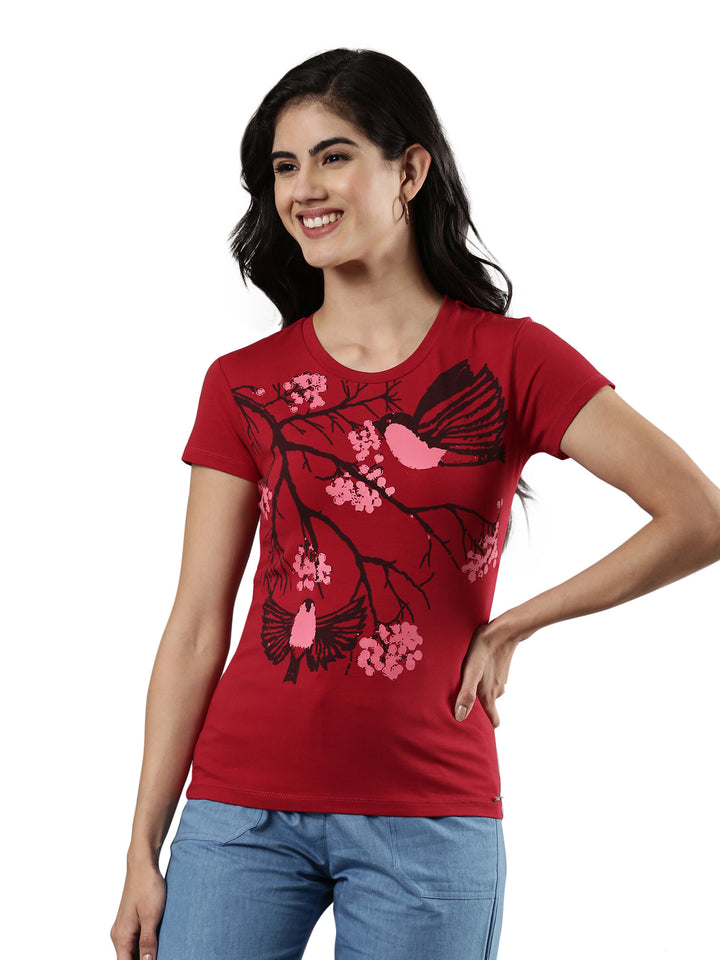Floral Print Round Neck T-shirt, Cotton Fabric for Women