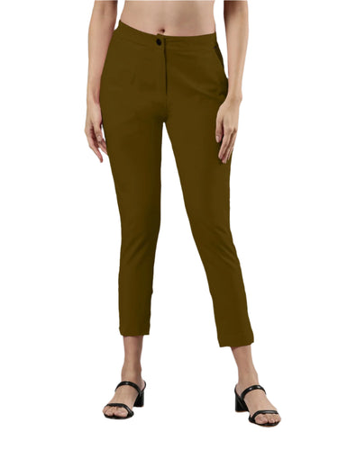 Women's Smart Pants, Cotton Fabric with Zip Button Closure and Pockets Mud