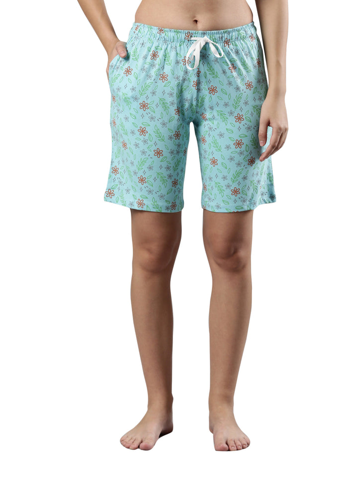 Women's Relax Fit Bermuda | Breathable Cotton, Elastic Waistband, Floral Prints Sky