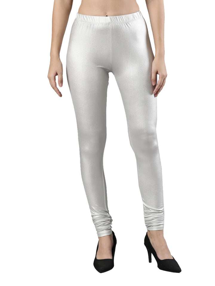 Body-Hugging Shimmer Churidar Legging | Lightweight Polyester, Elastic Waistband Silver