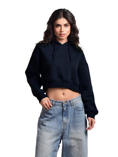 Femmora 100% Cotton Fleece Long Sleeve Solid Crop  Length Hoodie Sweatshirt for Women | Casual Loose Fit Knitted Pullover | Dropped Shoulder – Winter Wear – Navy ( Pack of 1)