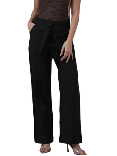 Femmora Women’s High-Waist Cotton Linen Straight Fit Trousers with Elastic Waistband & Button Closure | Formal Office Wear Pants with 2 Slant Pockets | Breathable Workwear Bottoms | Black | Pack of 1
