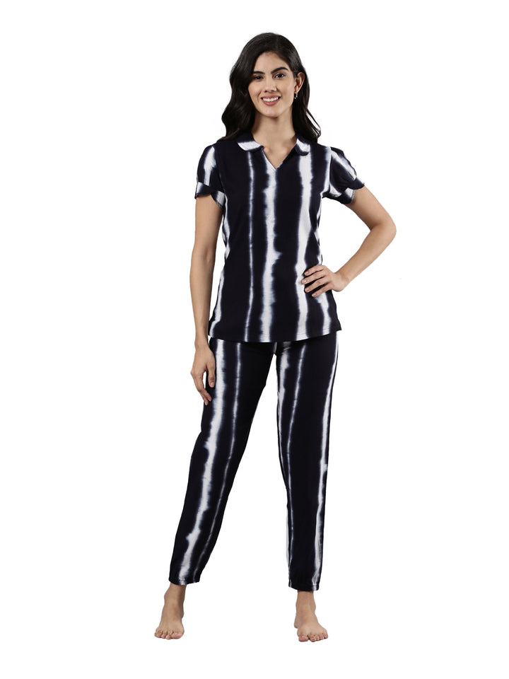 Women's Night Suit Set, Rayon, Striped Print, Drawstring Waist