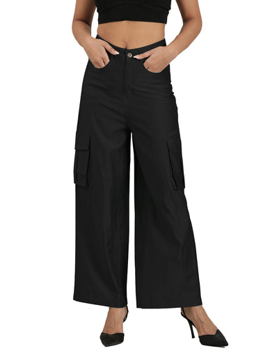 Femmora Women’s High-Rise Wide-Leg Cargo Pants with Utility Pockets | Full-Length Straight Fit Polyester Viscose Bottoms | Lightweight Cord-Effect Fabric Trousers | Casual Fashion Wear | Black |Pack of 1 Hover