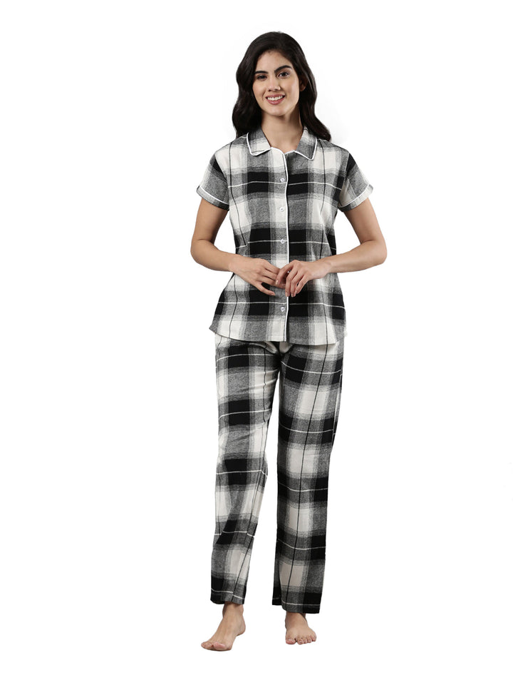 Night Suit Set, Checkered Print with Cotton Fabric and Drawstring Waist