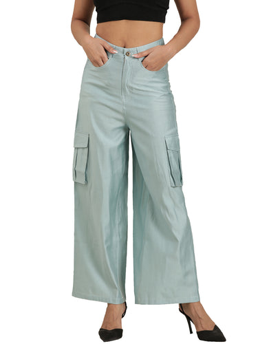 Femmora Women’s High-Rise Wide-Leg Cargo Pants with Utility Pockets | Full-Length Straight Fit Polyester Viscose Bottoms | Lightweight Cord-Effect Fabric Trousers | Casual Fashion Wear | Sea Blue |Pack of 1