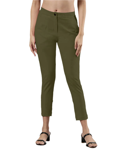 Women's Smart Pants, Cotton Fabric with Zip Button Closure and Pockets Olive
