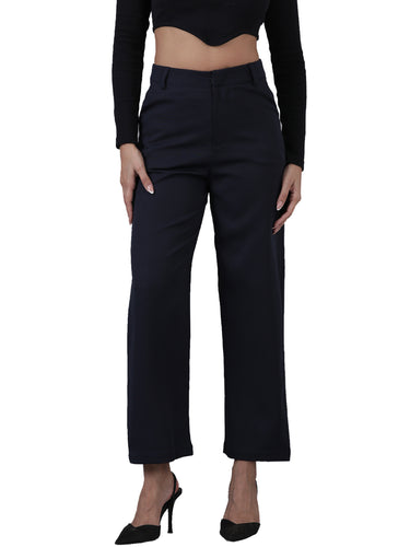Femmora Women’s High-Rise Straight Fit Trousers with 2 Side Pockets | Stretch Formal Bottoms in Polyester Blend | Lightweight Workwear Pants |Navy|Pack of 1