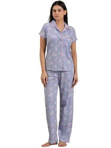 Femmora Women’s Cotton Nightwear Set | 2-Piece Co-Ord with Notched Collar Short Sleeve Shirt & Full-Length Pyjama | Soft Breathable Fabric with Elastic Waist|Blue Print |Set of 1