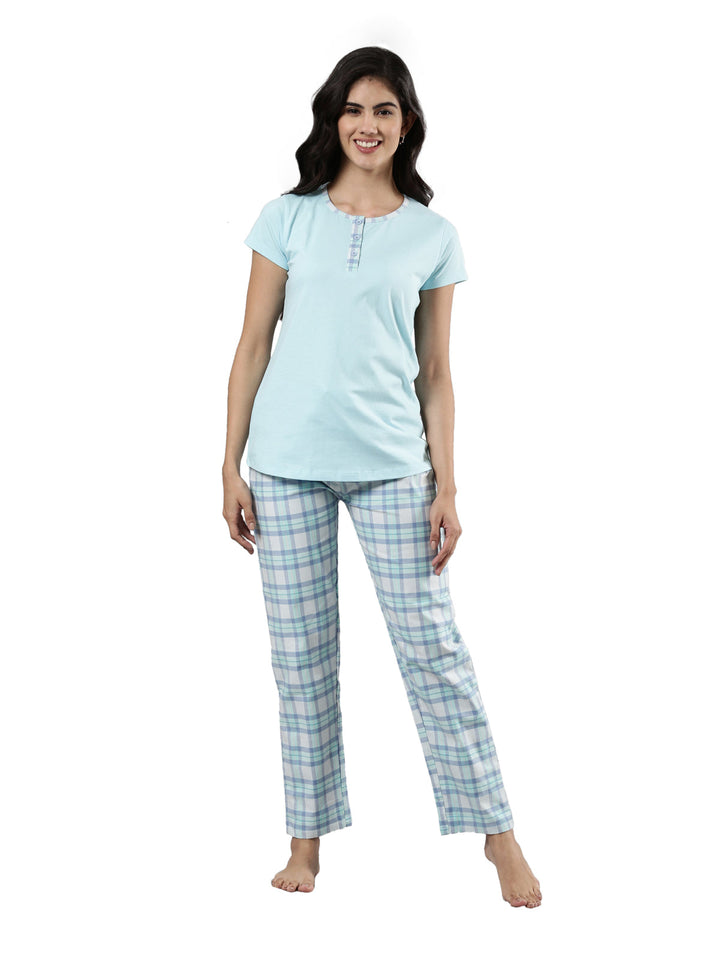Women's Night Suit Set, Cotton, Solid Top, Striped Bottom, Drawstring Waist Sky