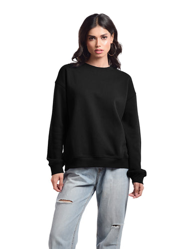 Femmora Premium 100% Cotton Fleece Loose Fit Long Sleeve Solid Sweatshirt for Women |Knitted Fabric | Dropped Shoulder, Casual Pullover | Cozy Winter Wear – Black (Pack of 1)