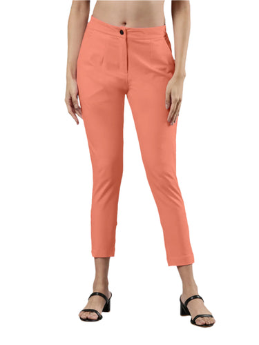 Women's Smart Pants, Cotton Fabric with Zip Button Closure and Pockets Peach