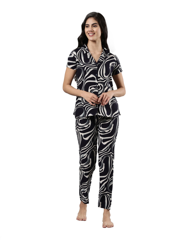 Women's Night Suit Set, Rayon, Abstract Print, Elastic Waistband