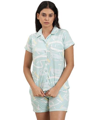 Femmora Women’s Cotton Printed Nightwear Set | 2-Piece Co-Ord with Notched Collar Shirt & Drawstring Shorts | Soft Breathable Printed Fabric| Comfortable Lounge & Sleepwear |  Mint |Set of 1