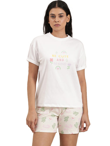 Femmora Women’s Cotton Nightwear Set | 2-Piece Sleepwear Co-Ord with Half Sleeve Tshirt & Elastic Waist Shorts With drawstring | Soft Breathable Lounge Outfit for Bedtime Comfort |Off.White |Set of 1