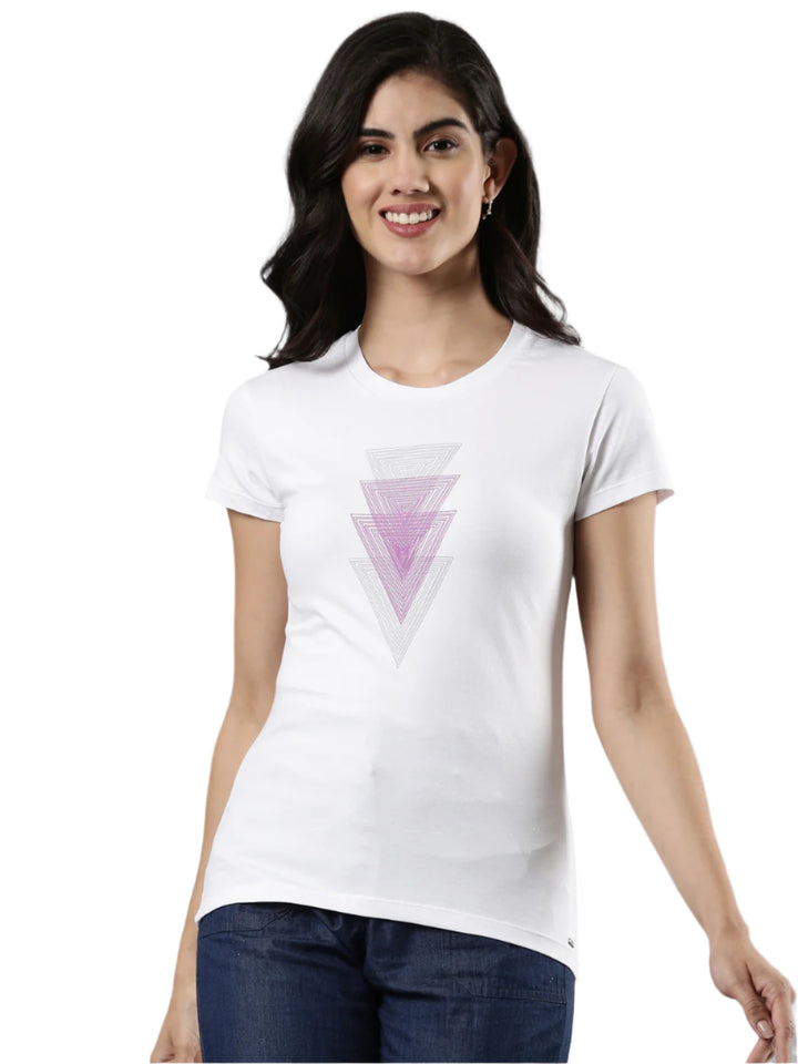 Geometric Print Round Neck T-shirt, Cotton Fabric for Women
