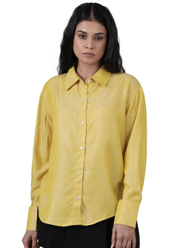 Femmora Women’s  Shirt in Soft Bsy Satin-Viscose | Regular Fit Full Sleeve Button-Up Shirt with Rounded Hem | Casual & Office Wear | Yellow |Pack of 1