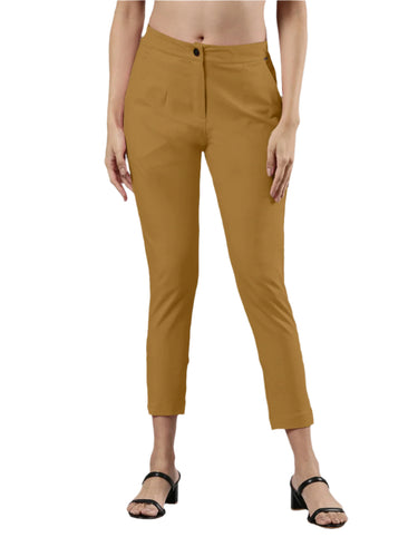 Women's Smart Pants, Cotton Fabric with Zip Button Closure and Pockets Mustard