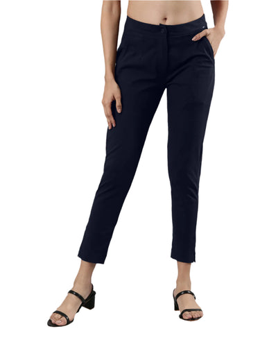 Women's Smart Pants, Cotton Fabric with Zip Button Closure and Pockets Navy