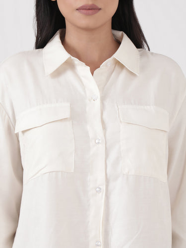 Femmora Women’s  Cargo Shirt in Soft Bsy Satin-Viscose Blend | Regular Fit Full Sleeve Shirt with Flap Pockets & Rounded Hem | Stylish Casual & Office Wear | Off.White |Pack of 1 Hover